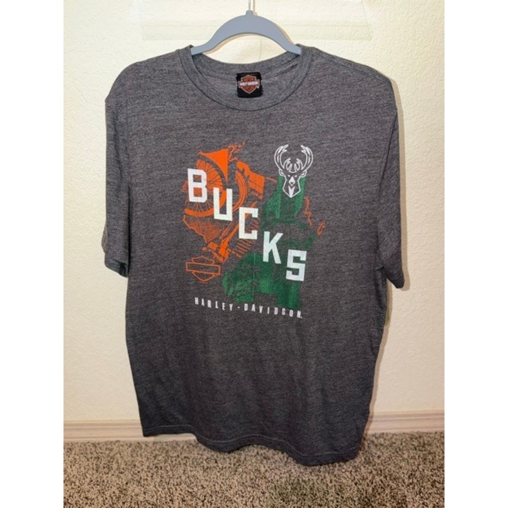 Harley-Davidson Milwaukee Bucks Mens T-Shirt Gray Heather Graphic Tee Large